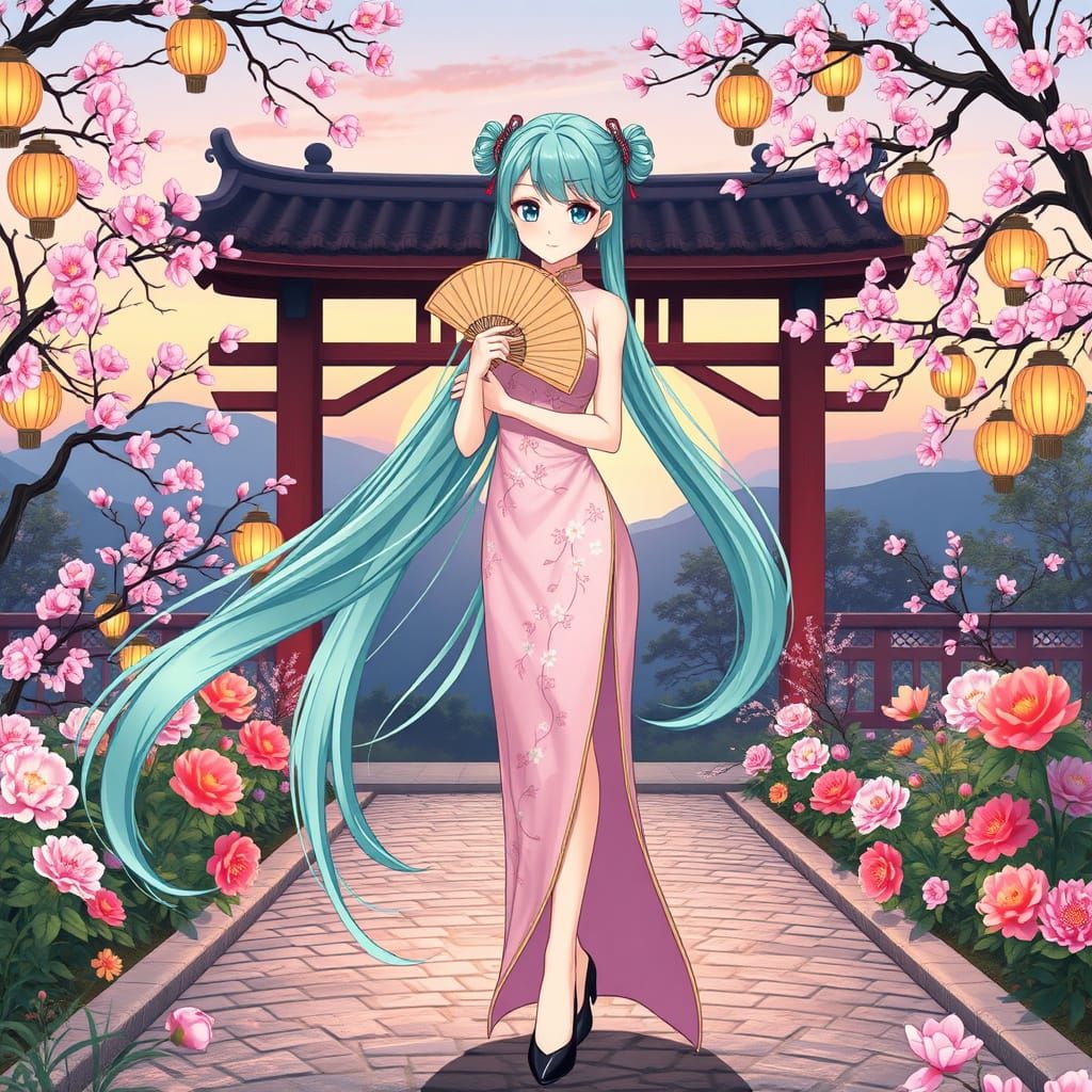 Anime Girl in Chinese Garden at Dusk