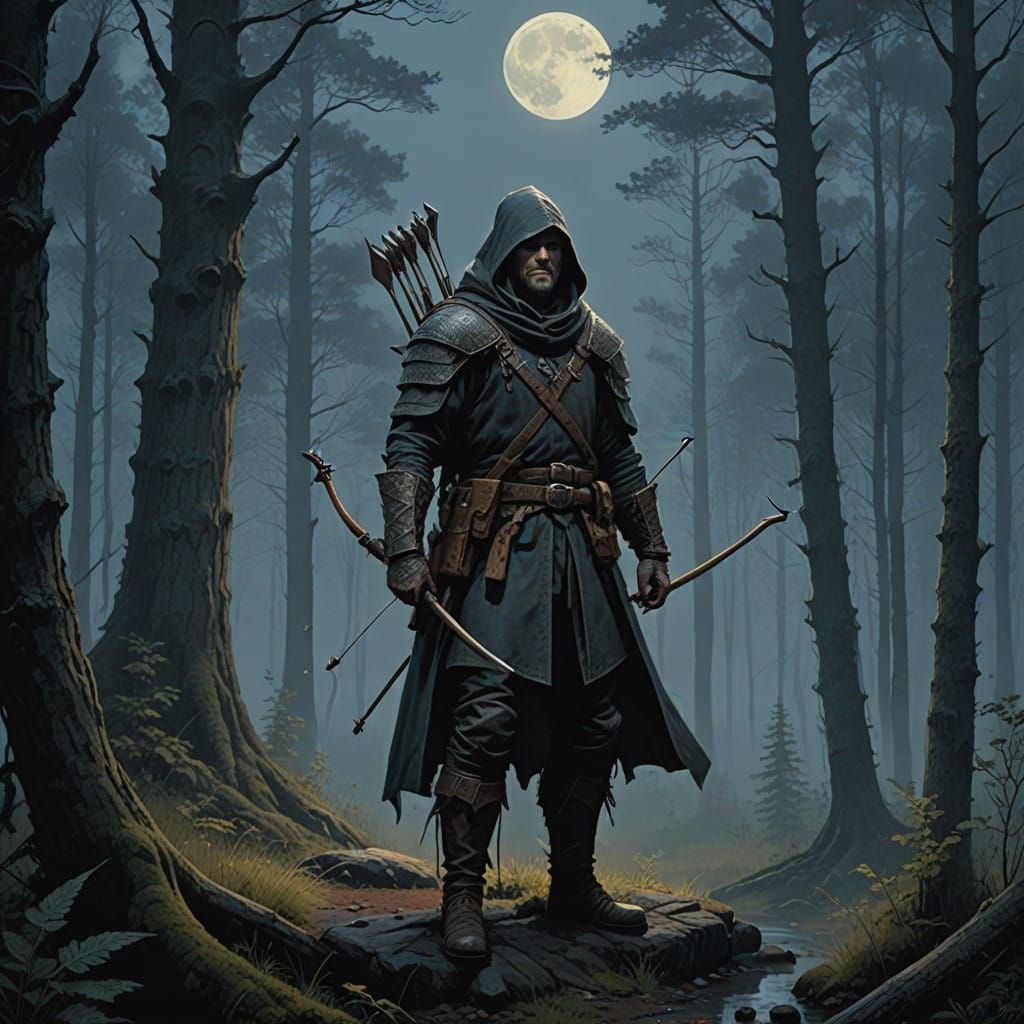 Medieval Huntsman in Moonlit Forest Landscape
