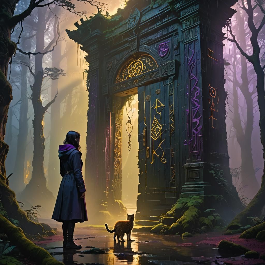 Mystical Runed Door in Dark Fantasy Forest