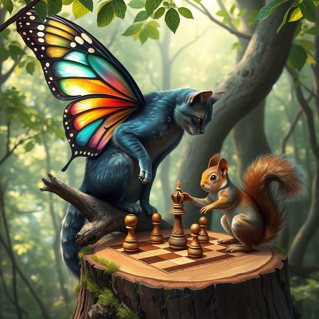 Whimsical Cat and Squirrel Chess Match in Enchanted Forest