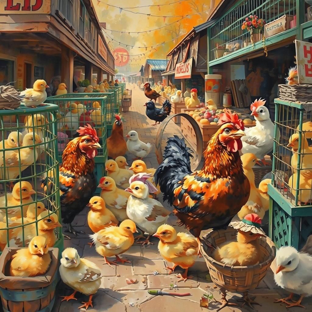 Whimsical Farmer's Market: Chicks in Basket, Mixed Media