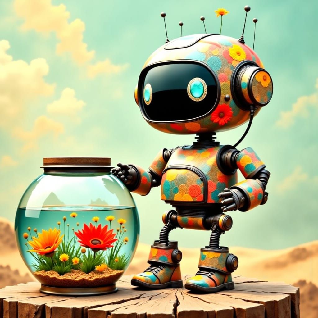 Cute Robot Holding a Fishbowl