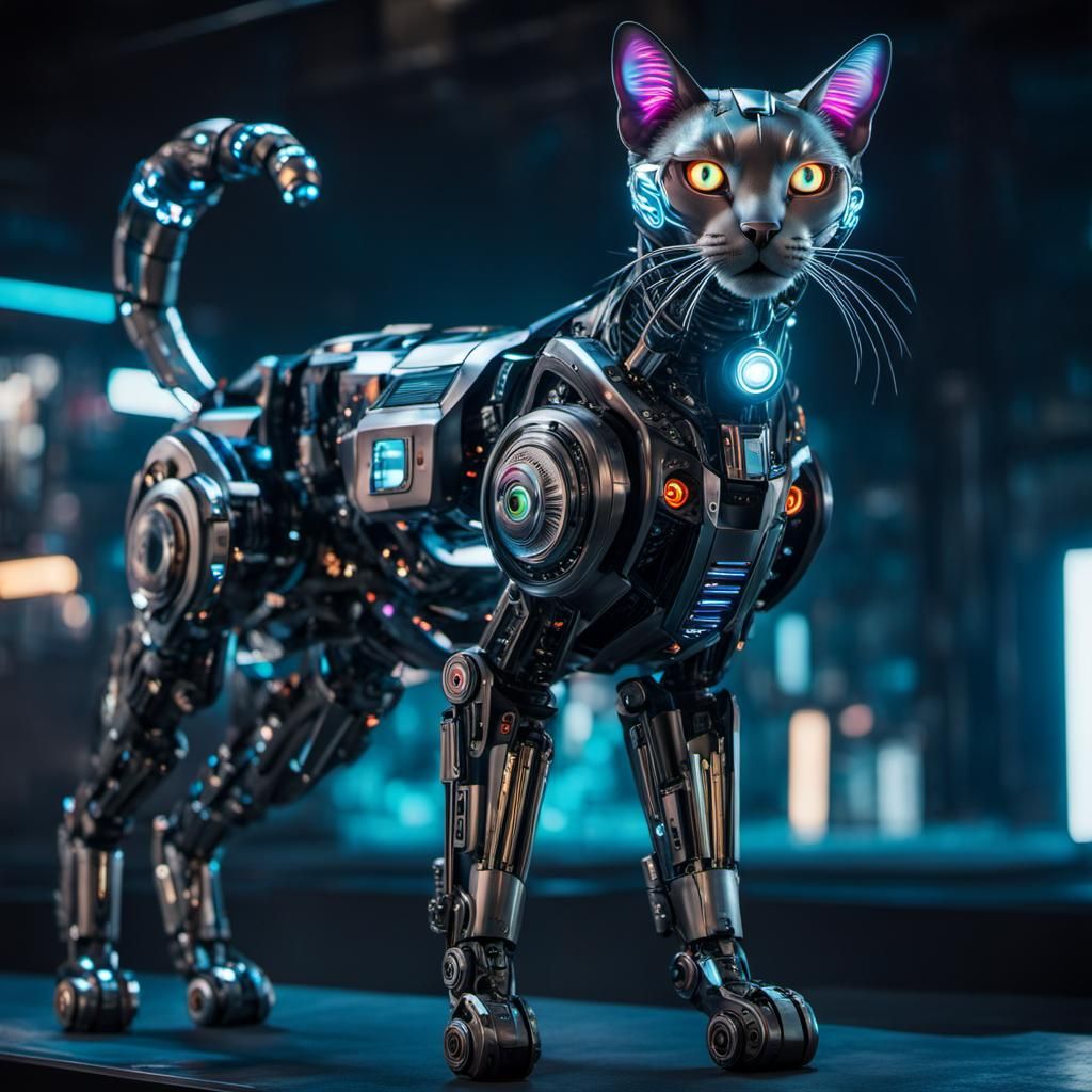 Cyberpunk Robotic Cat with Glowing Eyes
