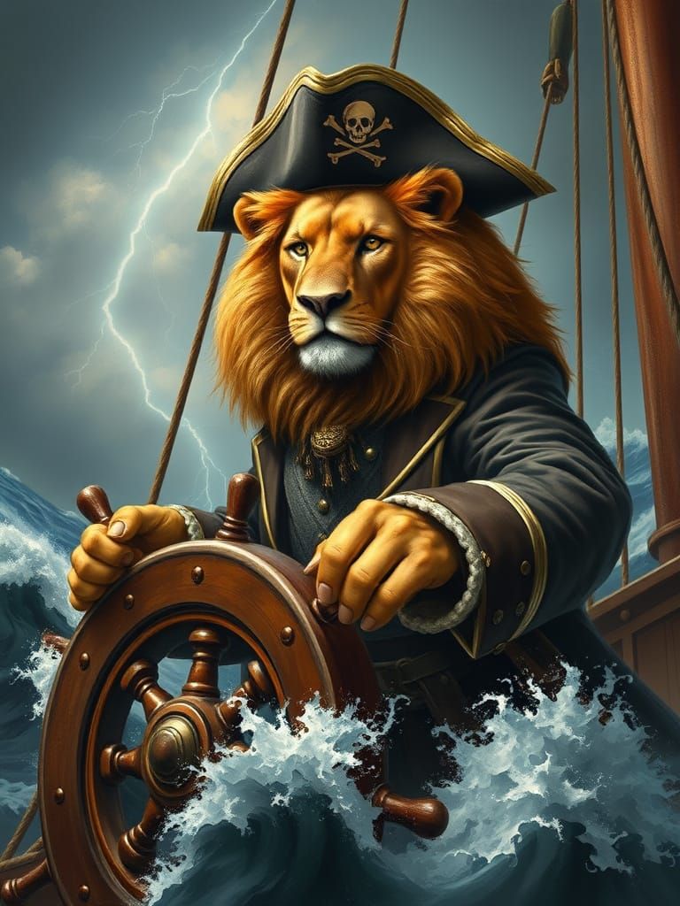 Lion Captain Sailing Stormy Seas in Painterly Style