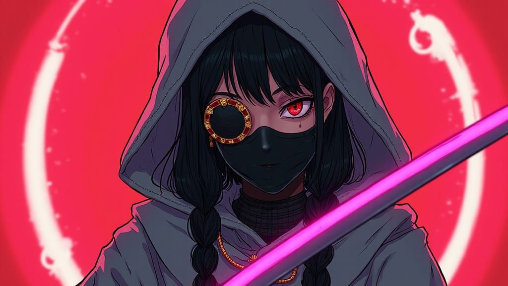 Afrofuturistic Demon Girl with Neon Sword in Anime Style