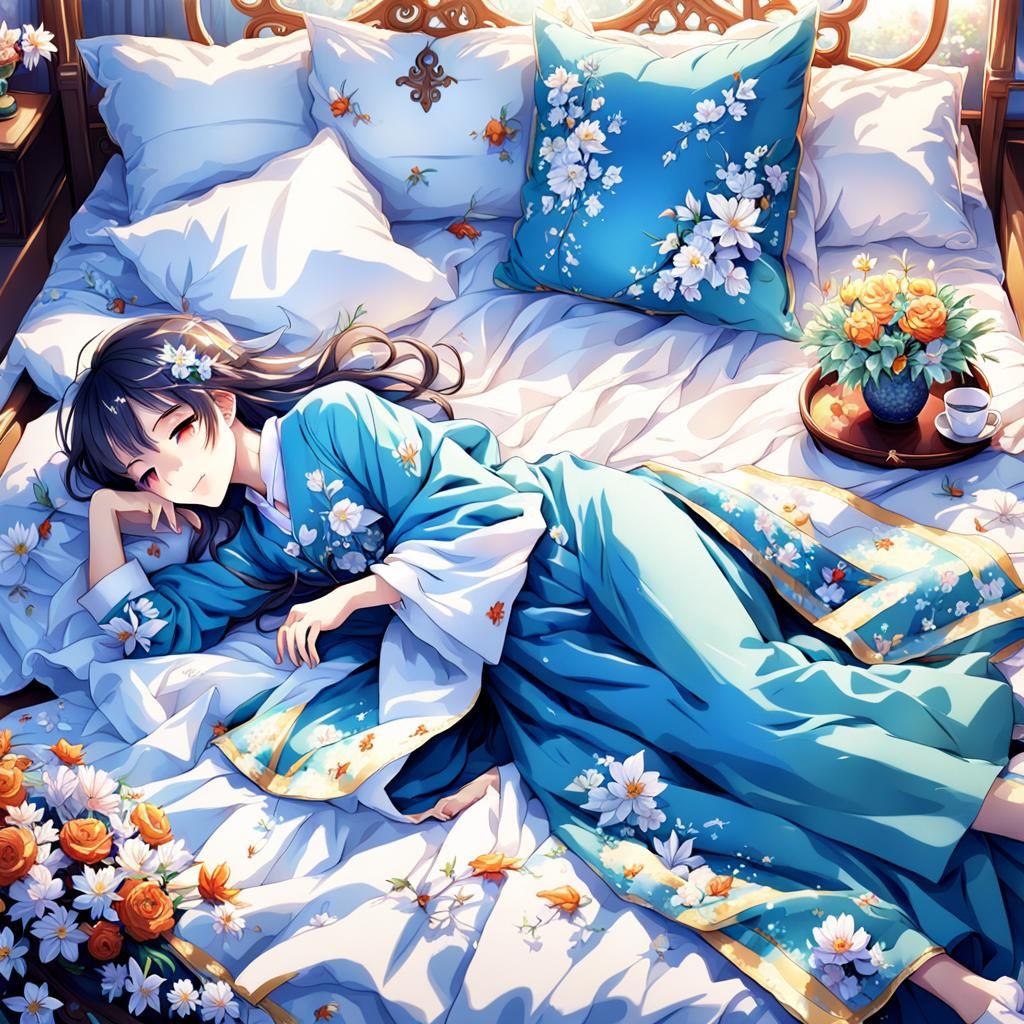 Girl in Blue Dress Relaxes: Anime Style