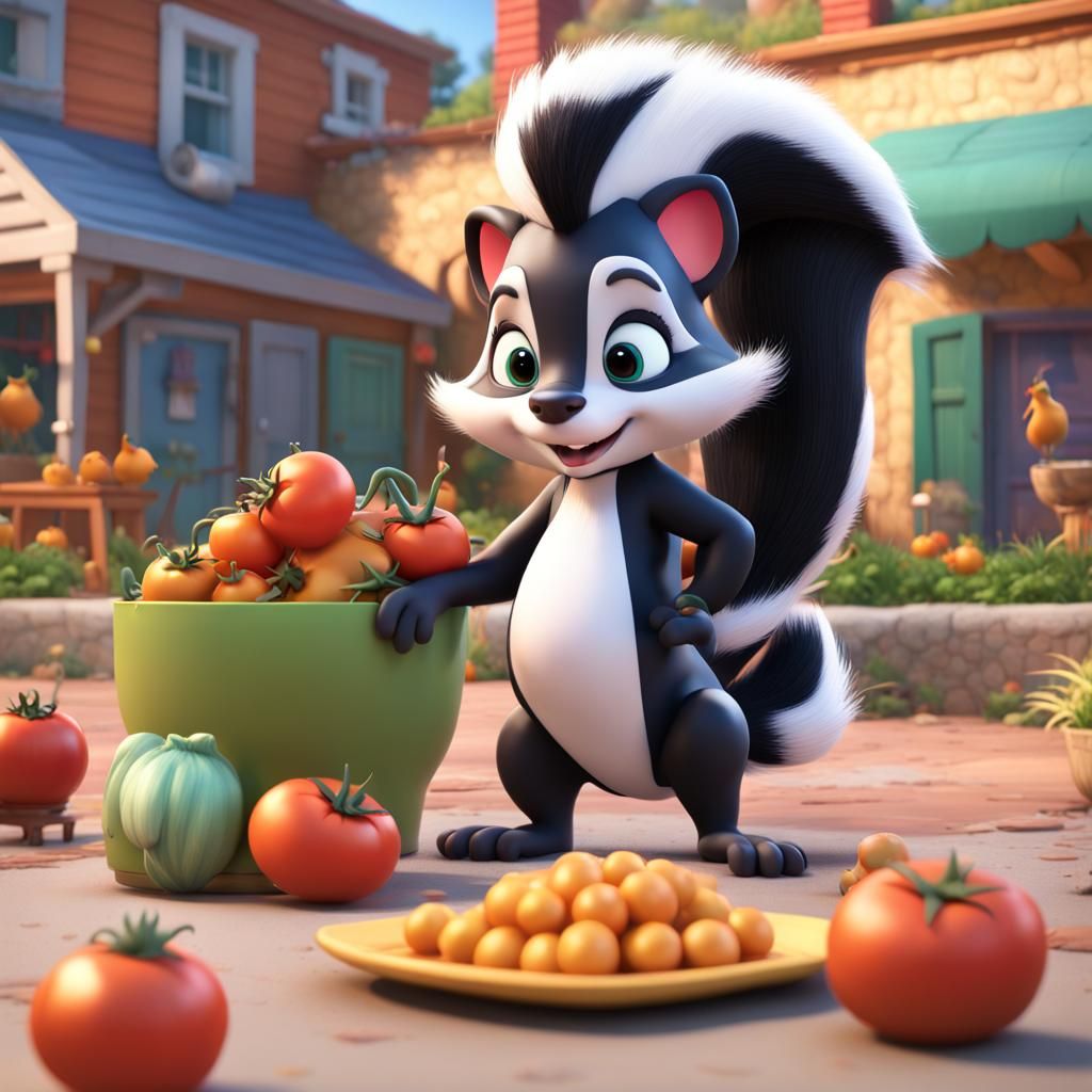 Skunk in Tomato Garden: Pixar-Style 3D Art