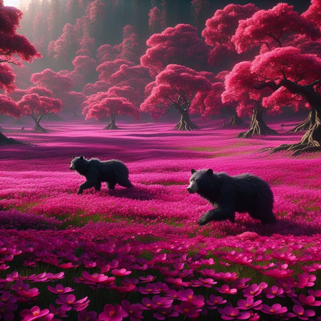 Majestic Black Bears Roam a Vibrant Pink Bloom Landscape