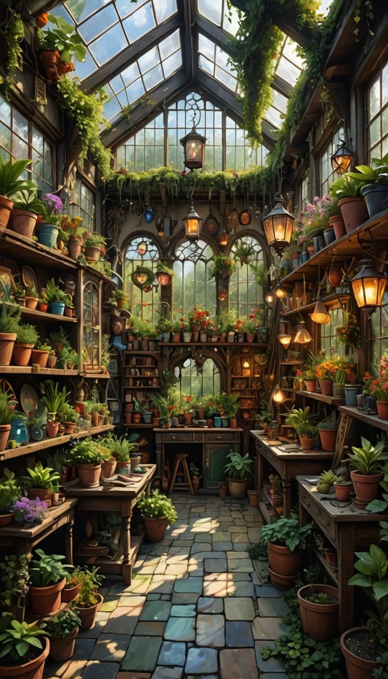 Overgrown Cottagecore Plant Shop with Stained Glass