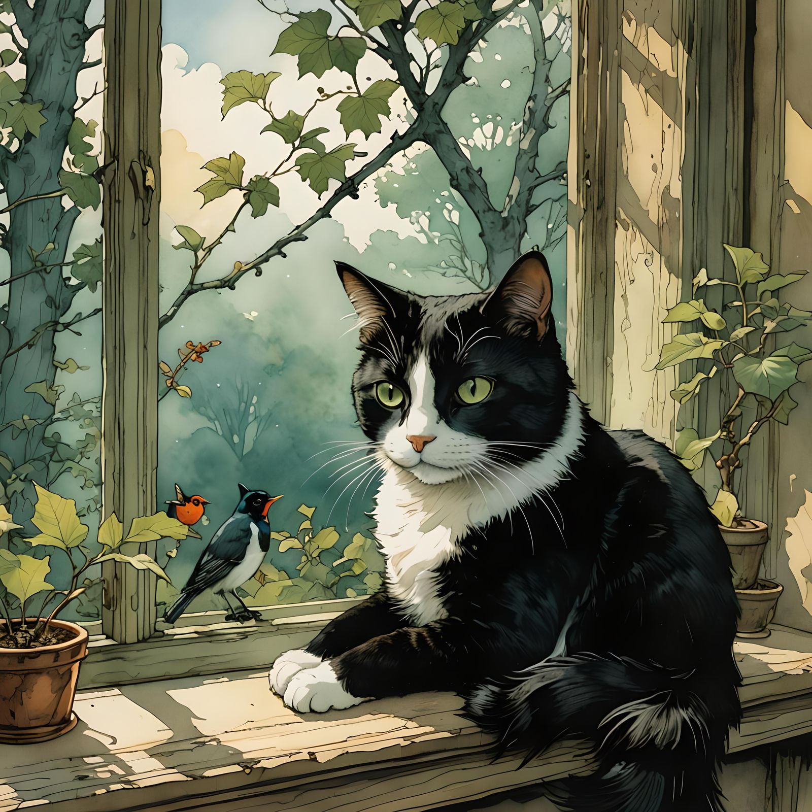 Tuxedo Cat and Robin: Whimsical Watercolor Illustration