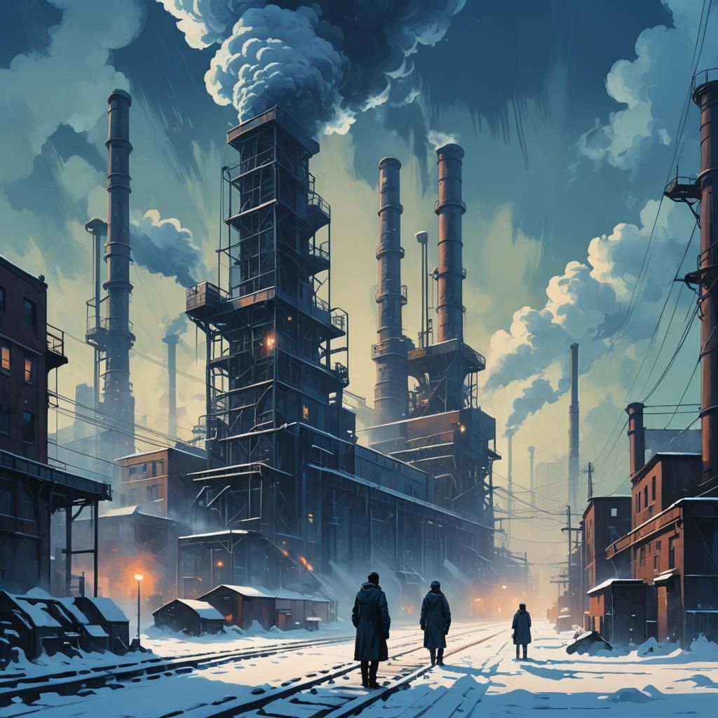 Snowy Industrial Cityscape in Digital Illustration Style