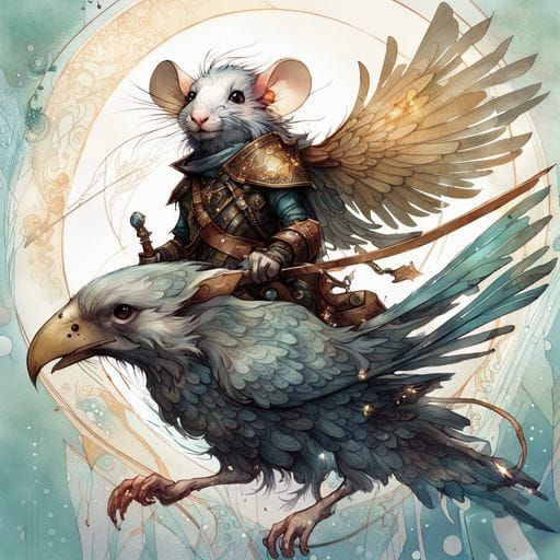Mouse Knight on Hawk, Ink Flow Art