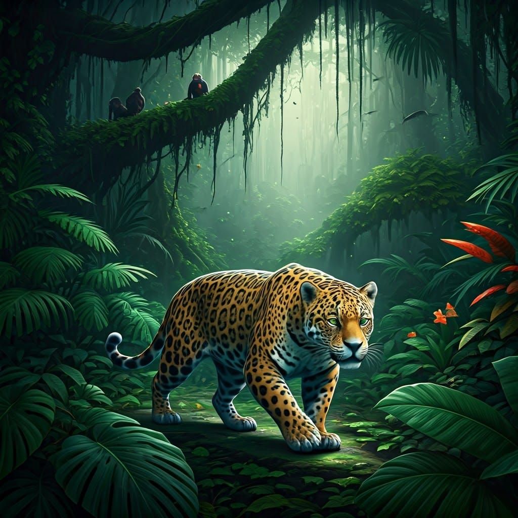 Jaguar Stalking Rainforest in Hyperrealistic Style