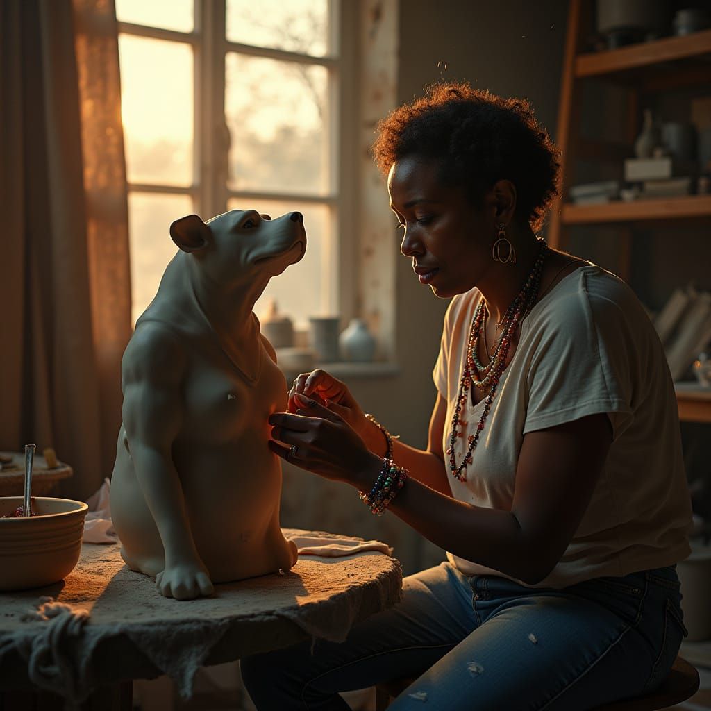 Woman Sculptor at Work in Dusty Studio