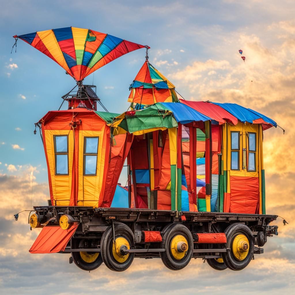 Train Kite Soars at Sunset with Colorful Wagons