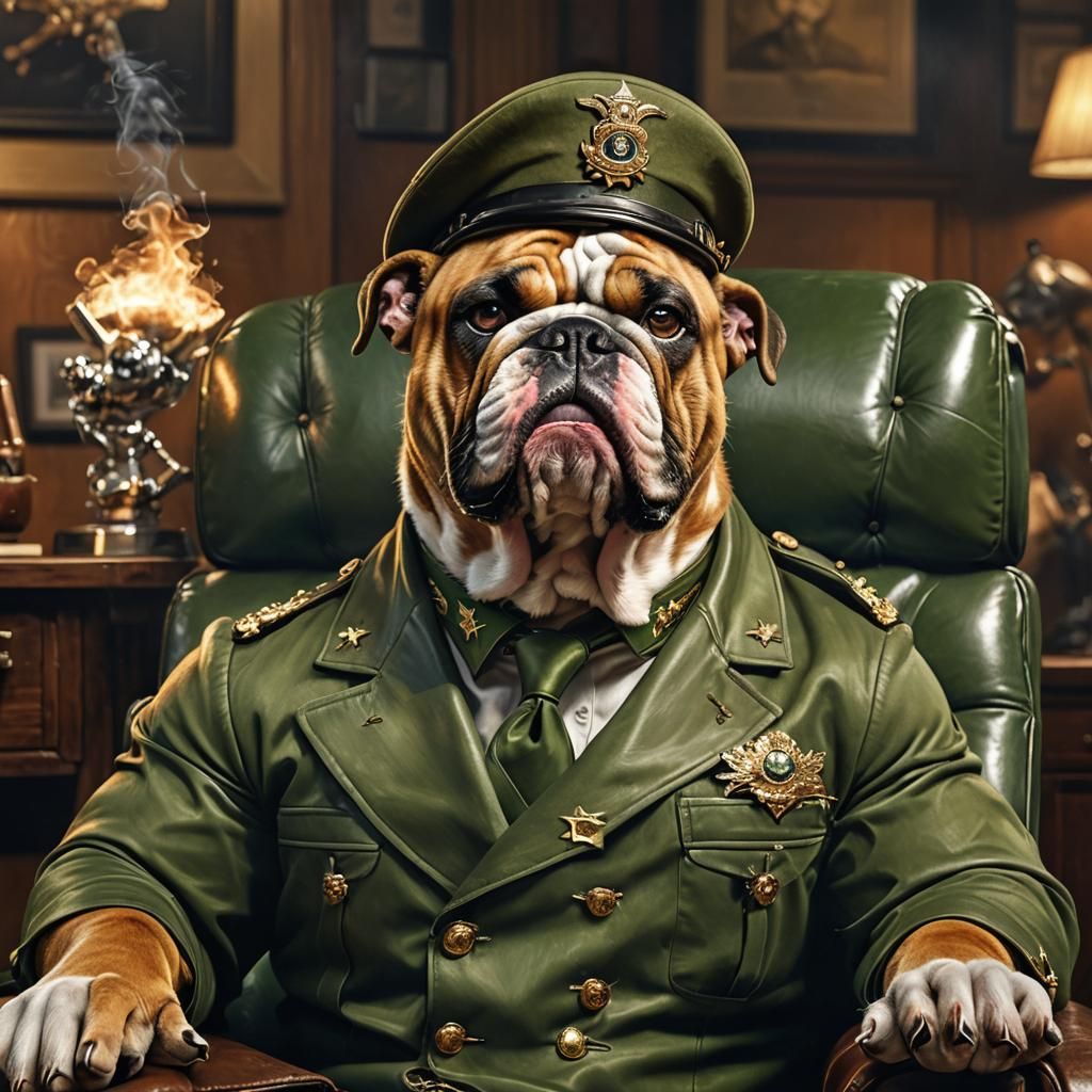 Bulldog General Smoking Cigar: Hyper-Realistic Digital Art