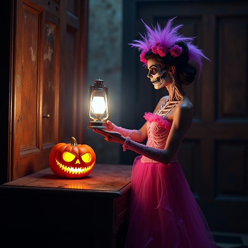 Eerie Gothic Mansion with Neon Calavera Woman