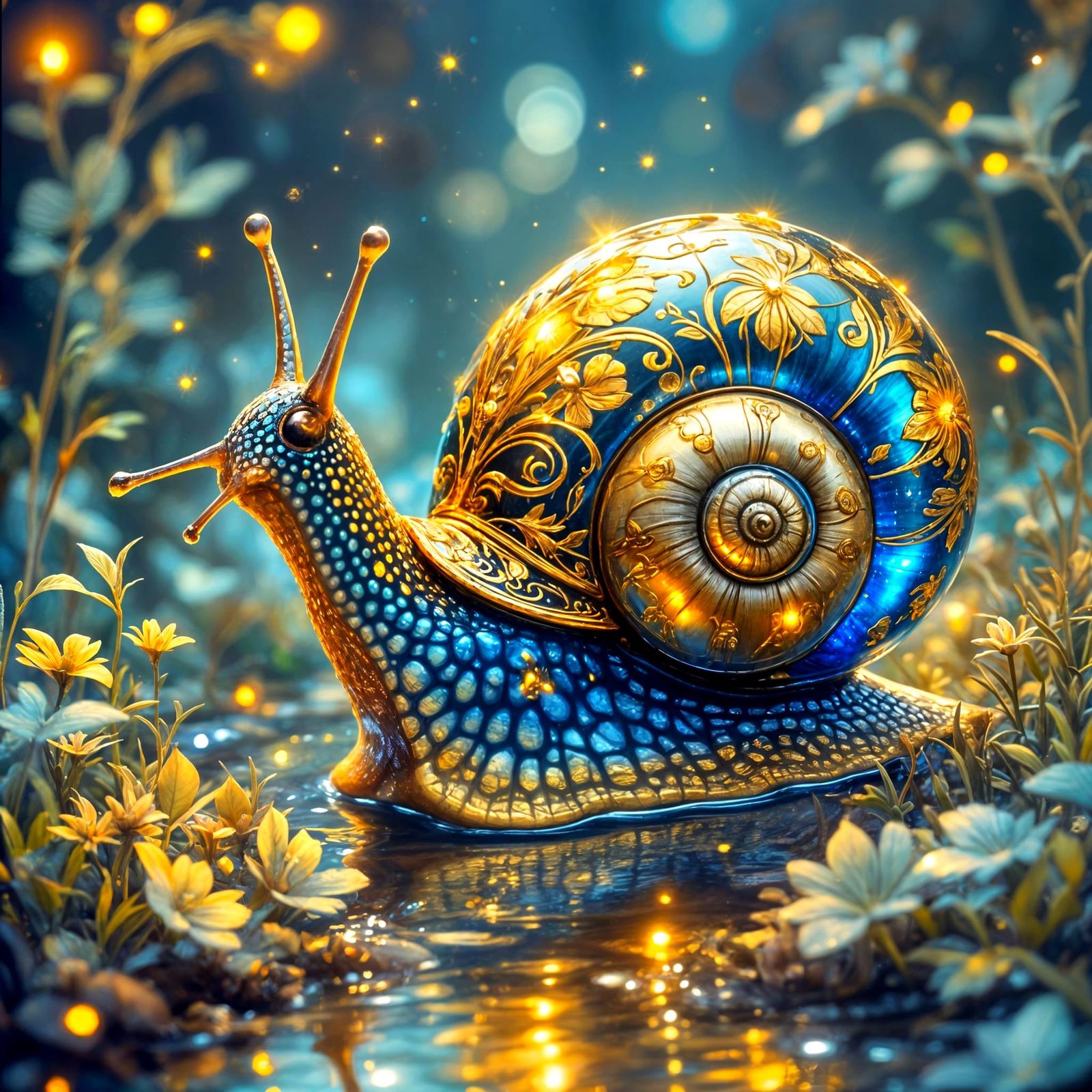Fantastical Snail with Glowing Shell in Surreal Dreamscape