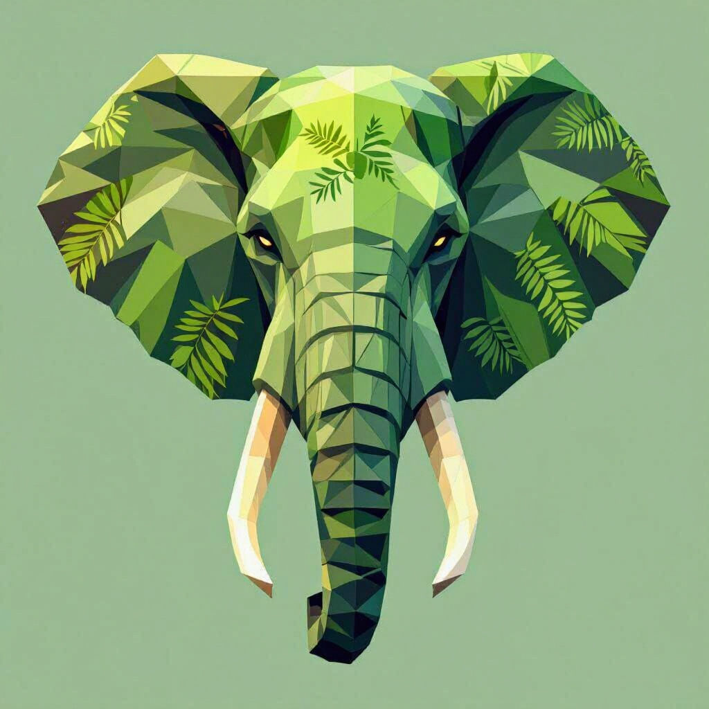 Low Poly Elephant Head with Leaf Motifs