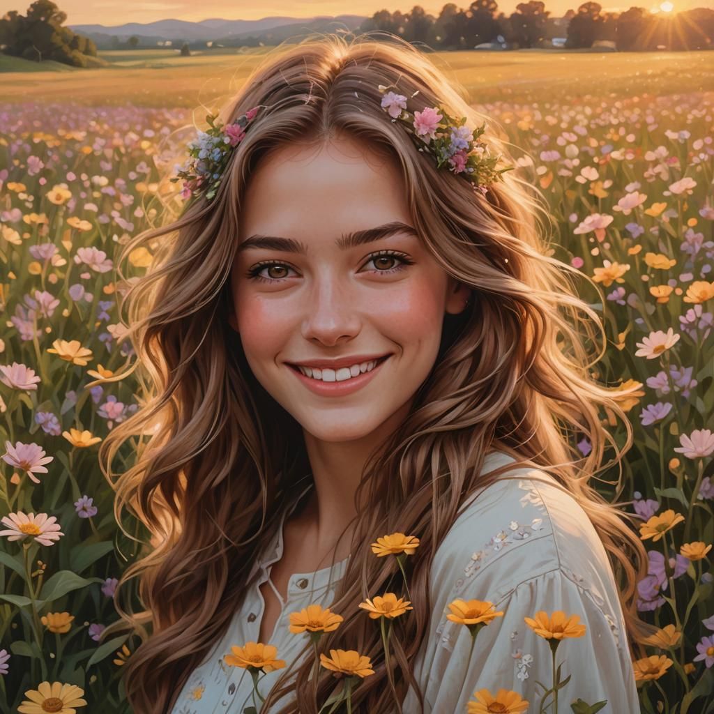 Girl in Flower Field at Sunset: Hyperrealistic Portrait