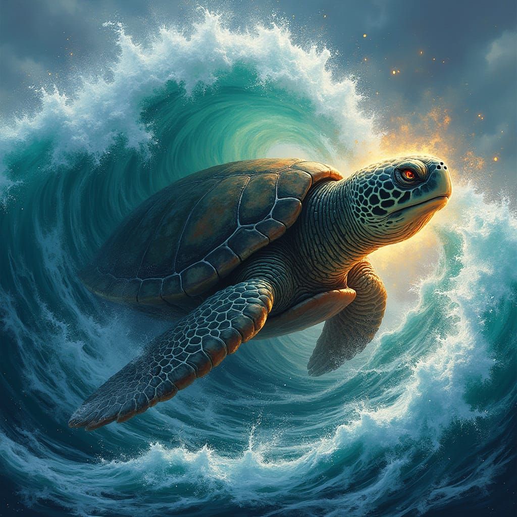 Turbulent Ocean Turtle in Cyberpunk Aesthetic