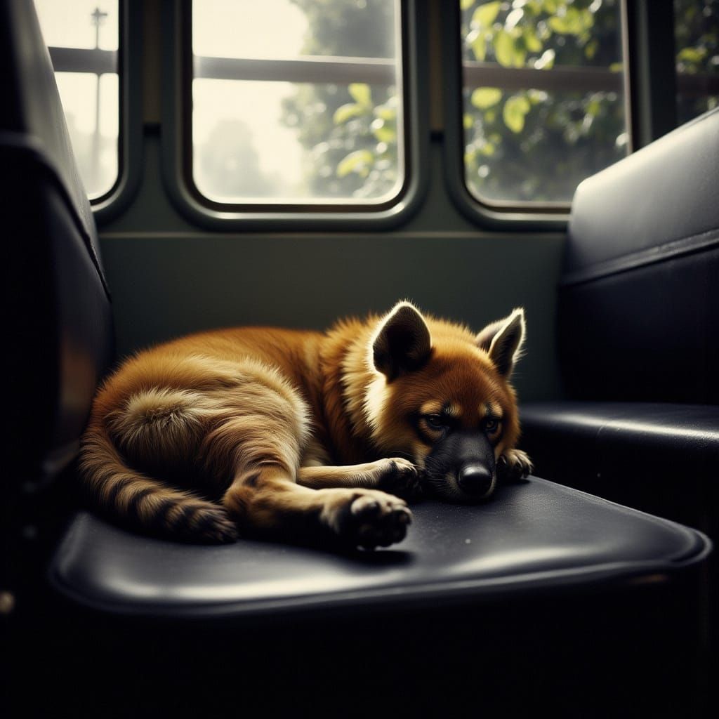 Surreal Hyena Slumbers on Train Bench in Shadowy Light