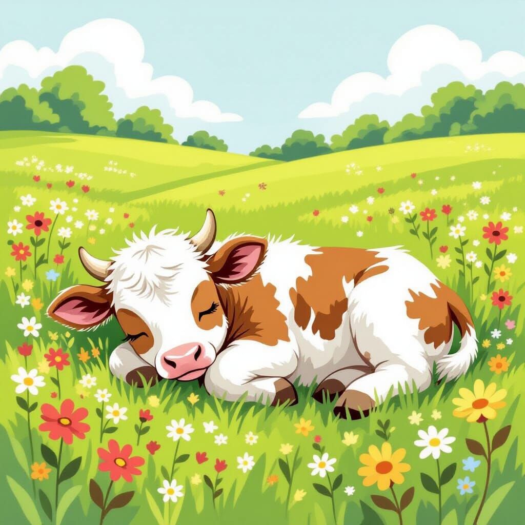 Sleeping Baby Cow in Watercolor Meadow