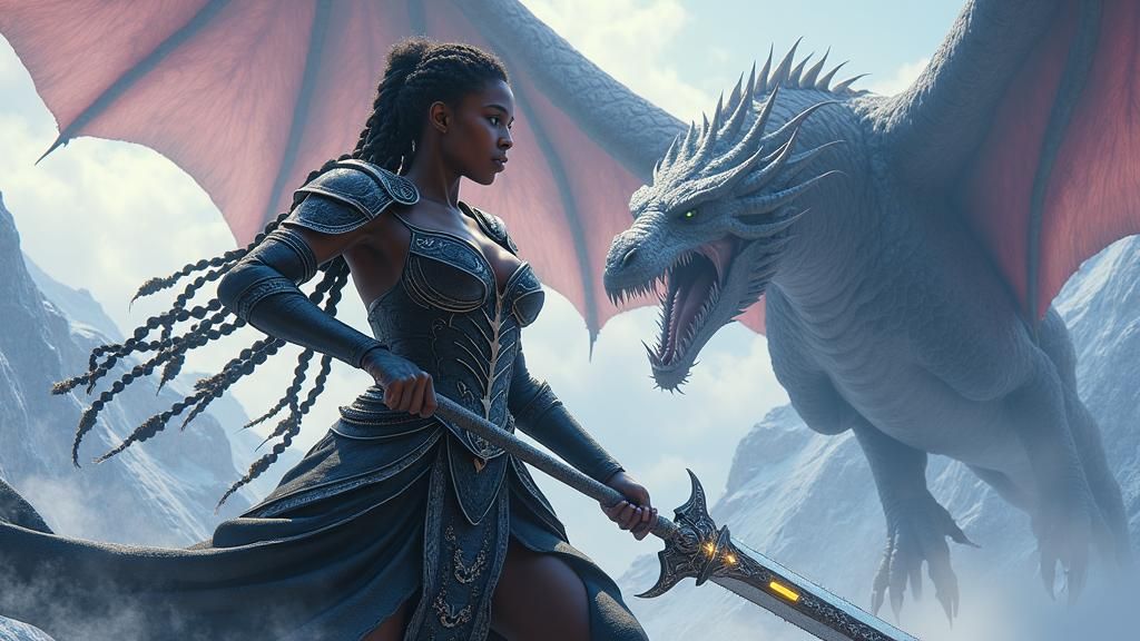 Black Woman Warrior Dragon Battle, Dark Fantasy Art