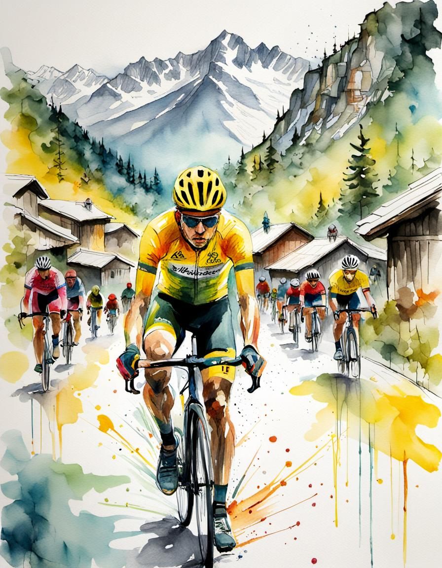 d'un cycliste avec un maillot jaune montant sur la route de l'A...