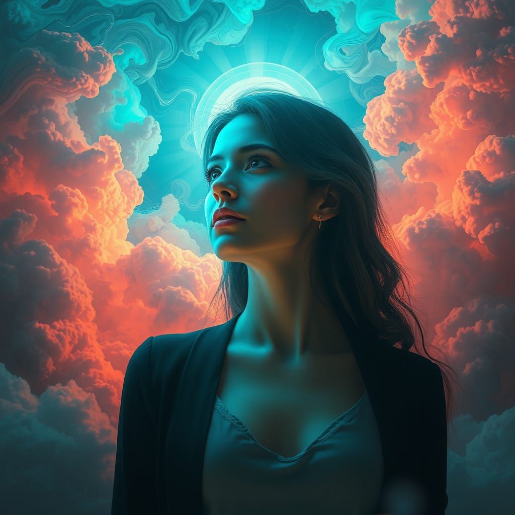 Contemplative Woman Surrounded by Swirling Thoughts