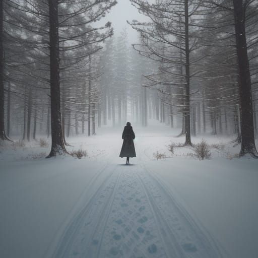 Serene Snowy Landscape with a Lone Woman and Her Feline Comp...
