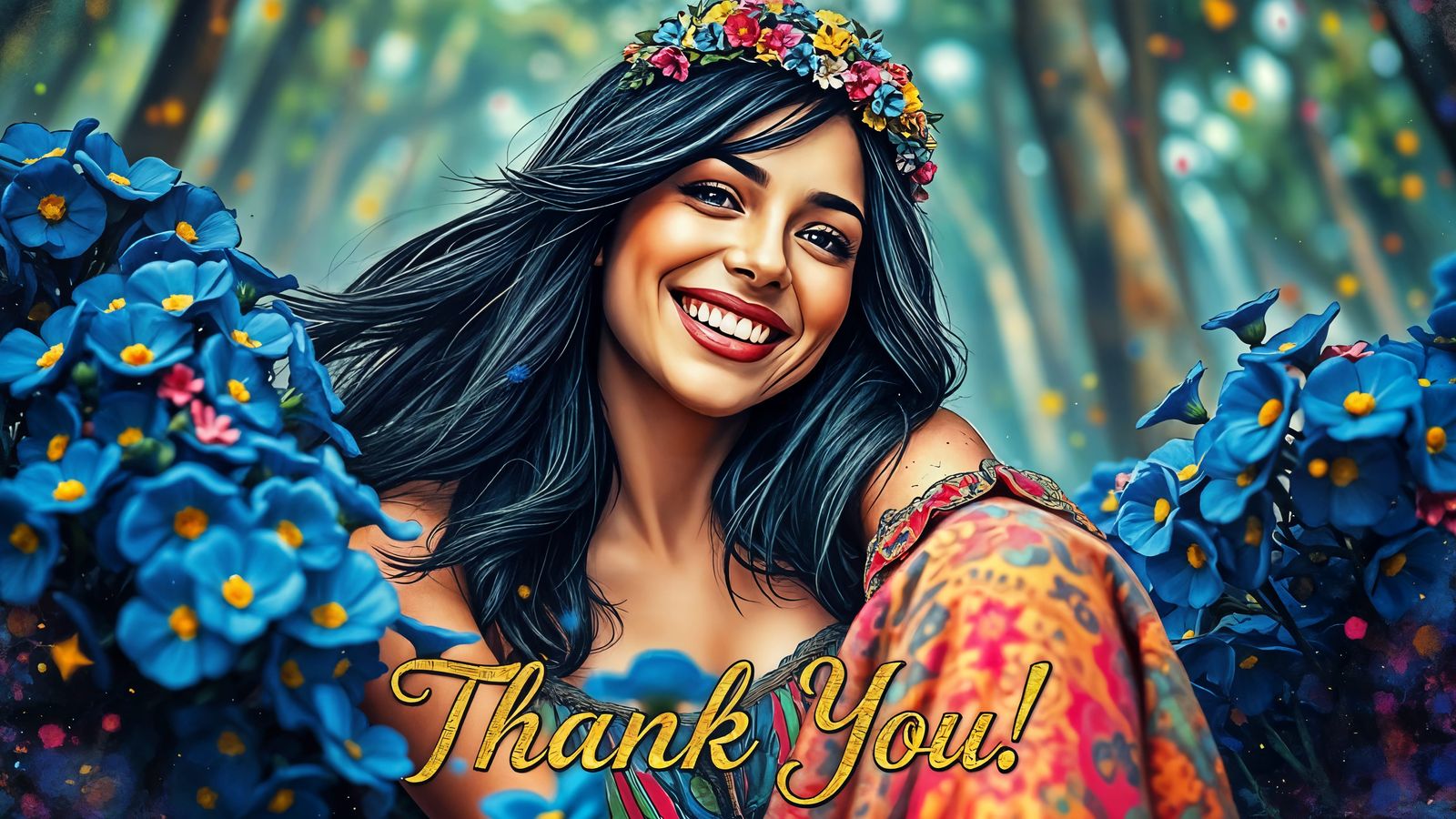 Ethereal Boho Goddess in a Field of Blue Flowers