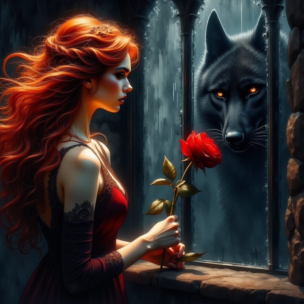 Beautiful Woman and Fearsome Beast Near Glass Lintel