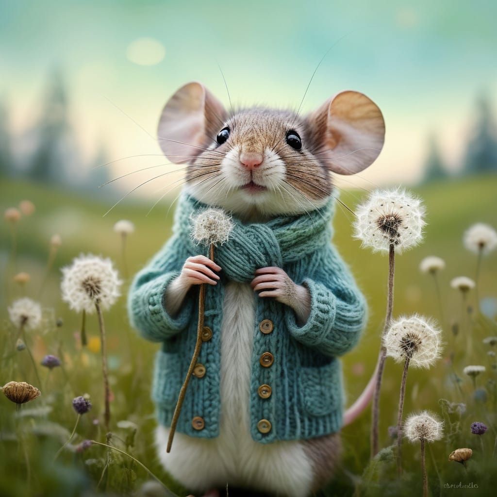 Whimsical Field Mouse Blows a Dandelion Wish in a Dreamy Mea...
