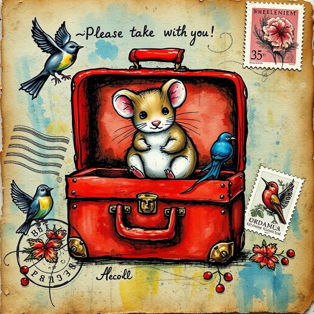 Whimsical Traveler's Postcard with Mouse and Vintage Accents