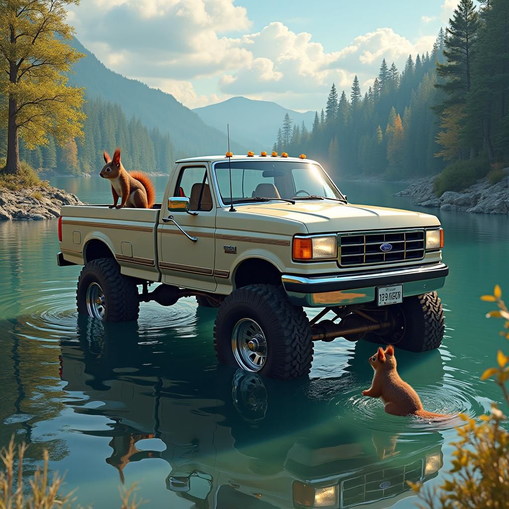 Ford F250 and Giant Catfish in Fantasy Landscape
