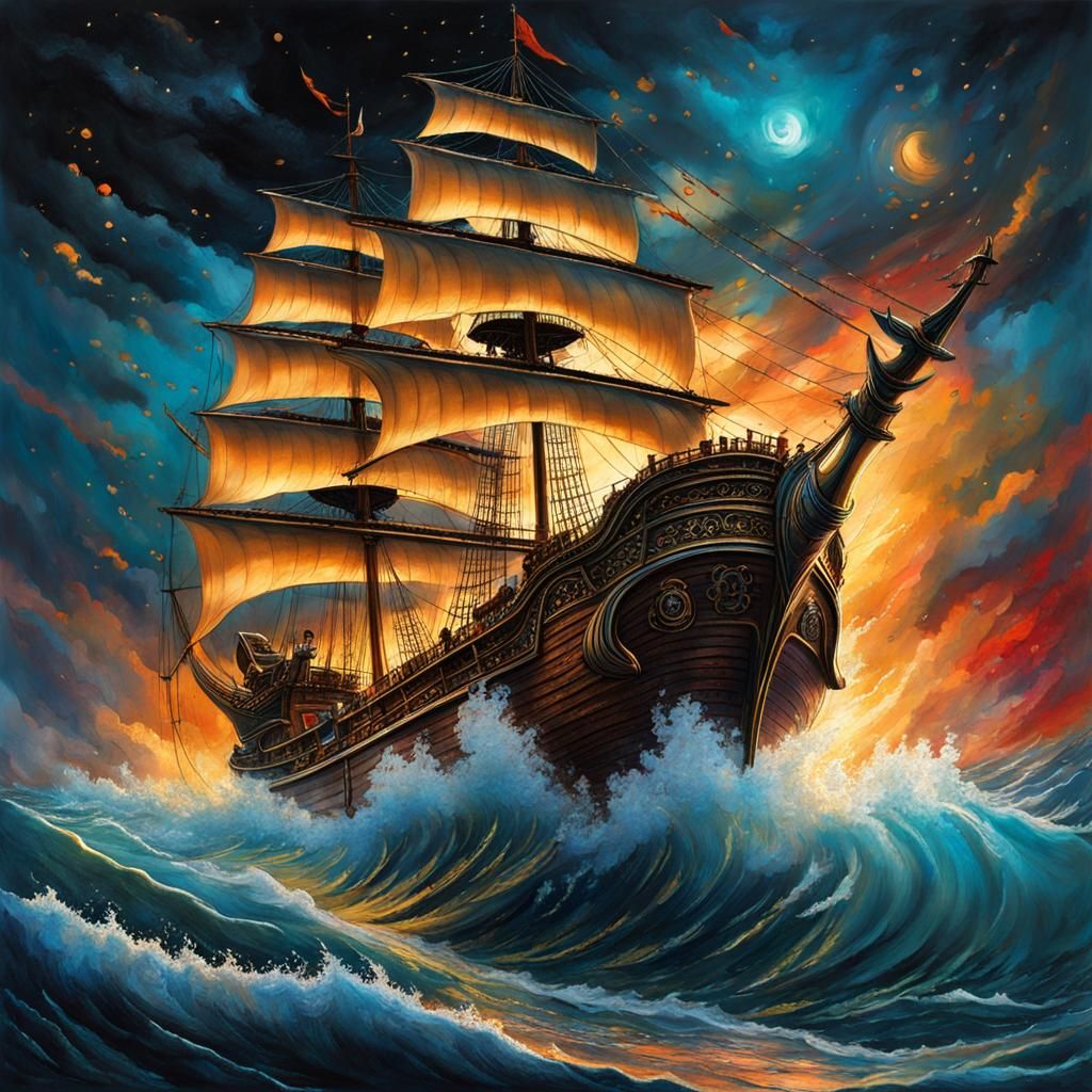 Whale Caravel Navigating a Cosmic Ocean Storm