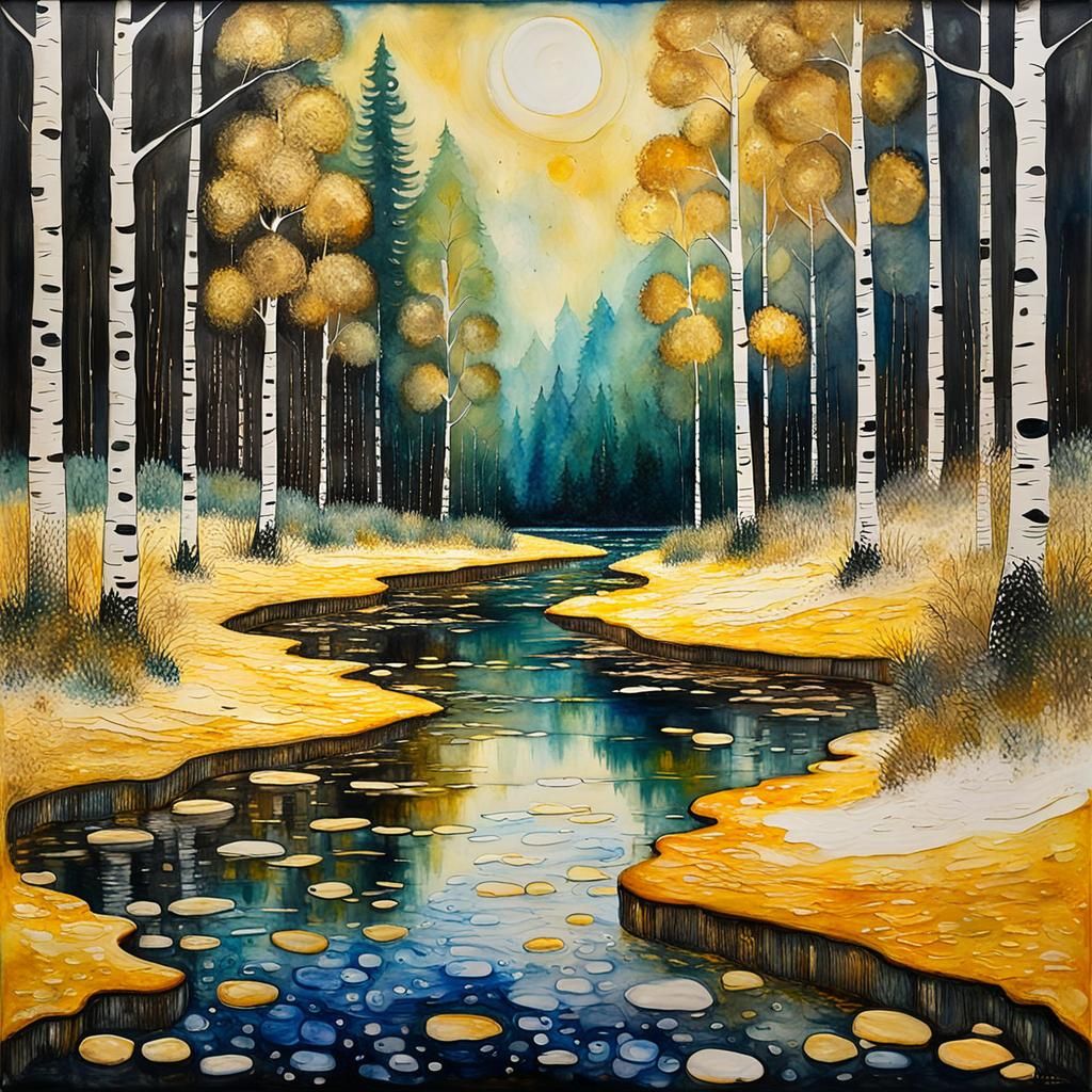 Encaustic Lake Painting in Klimt Style
