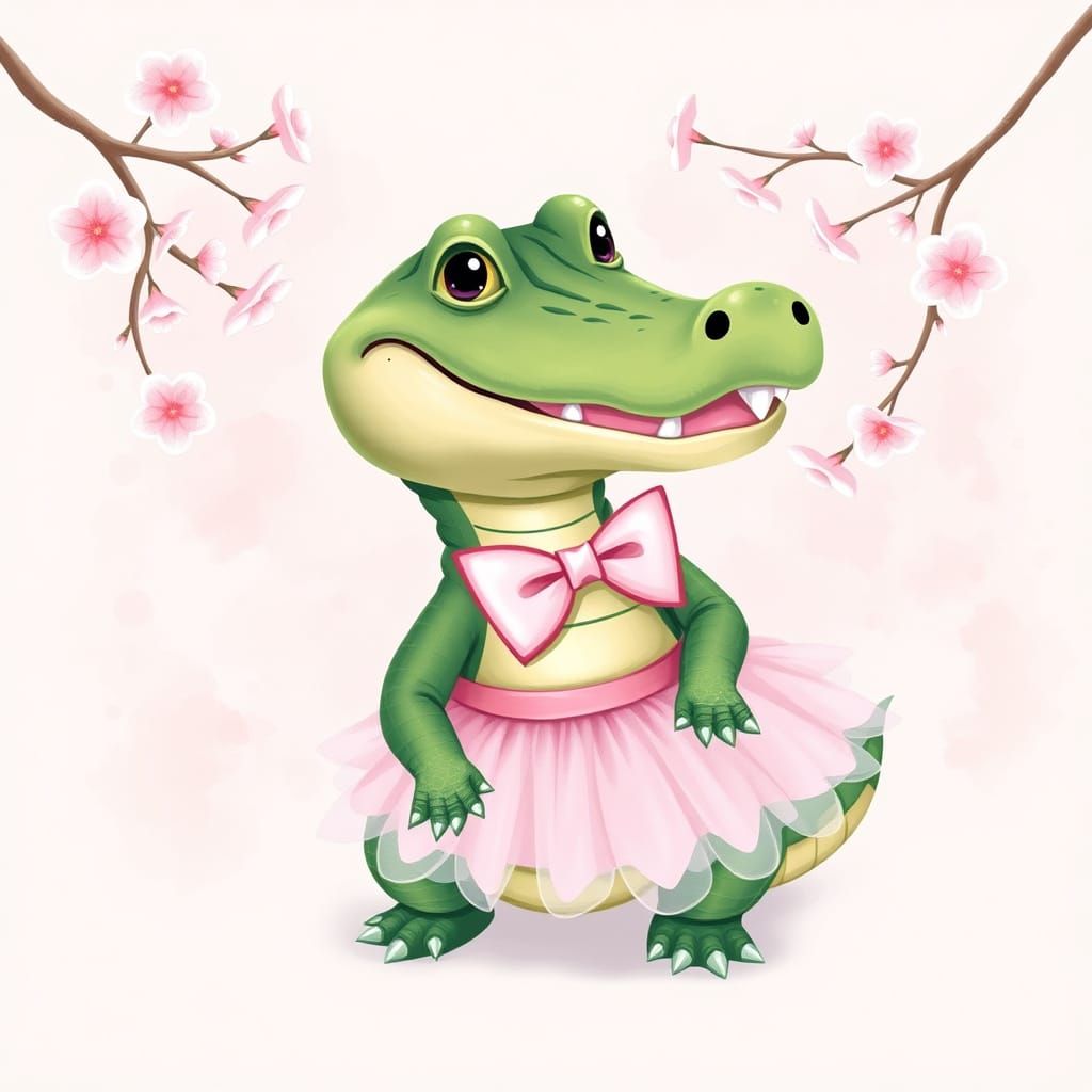 Kawaii Alligator with Pink Bow Tie and Tutu