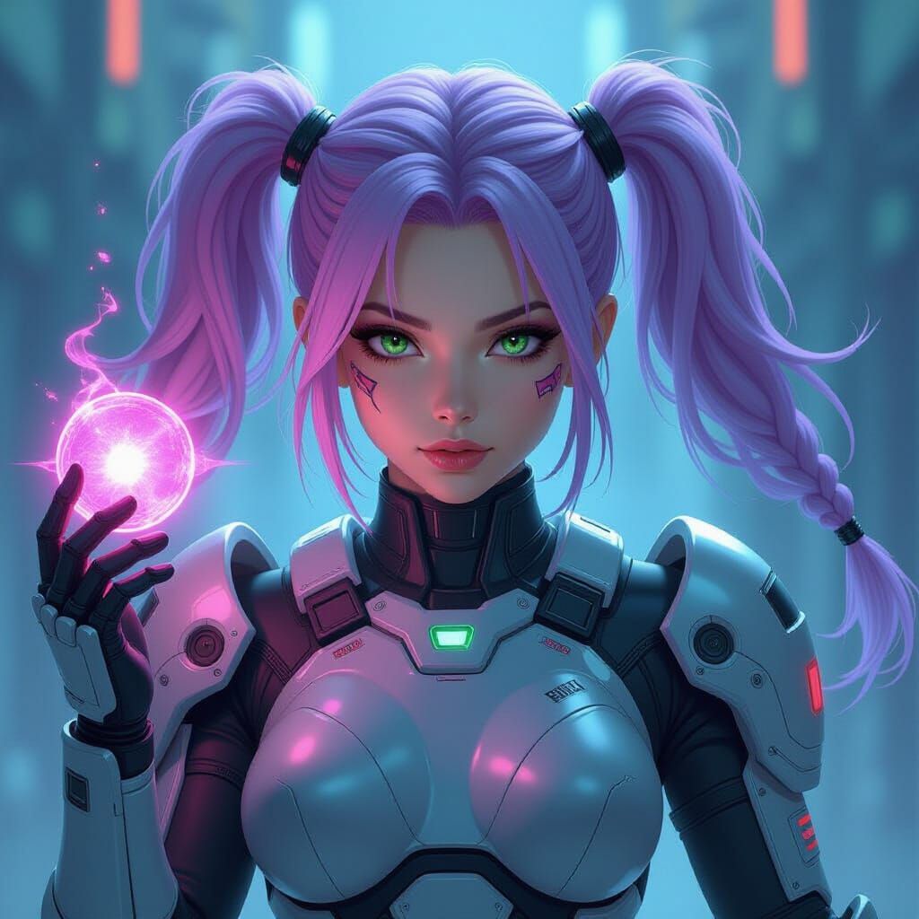 Futuristic Warrior Woman Casting Spell in Anime Style