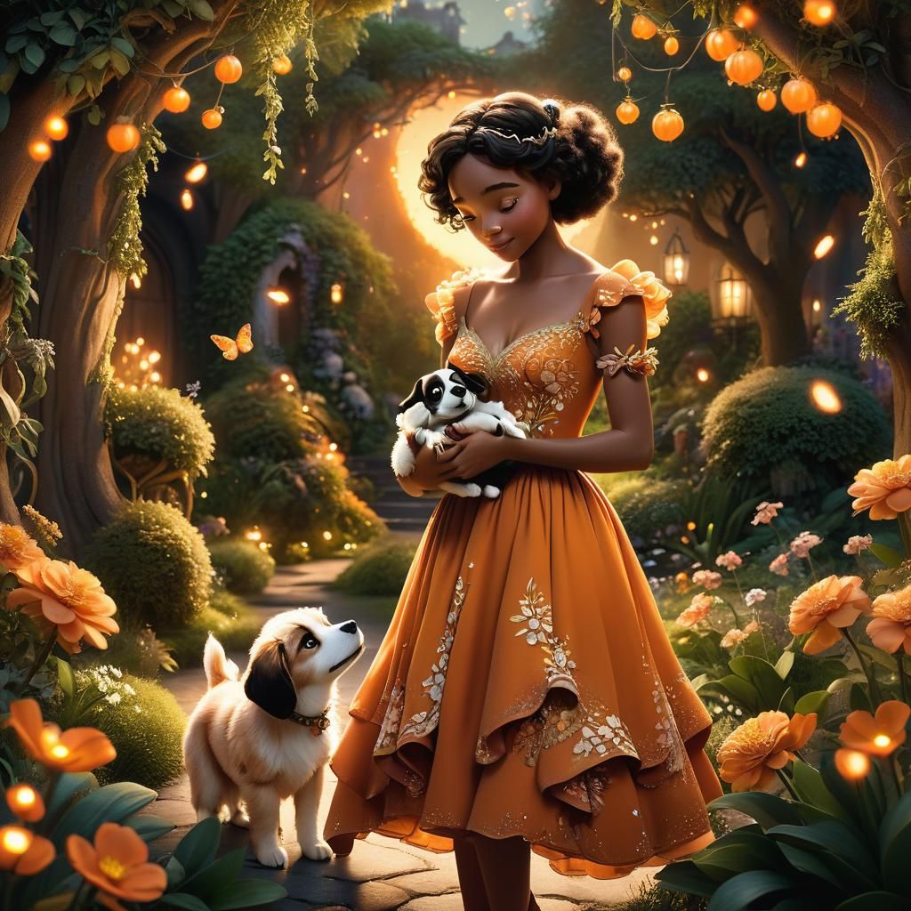 Tiana in Orange Dress with Puppy, Fantasy Art