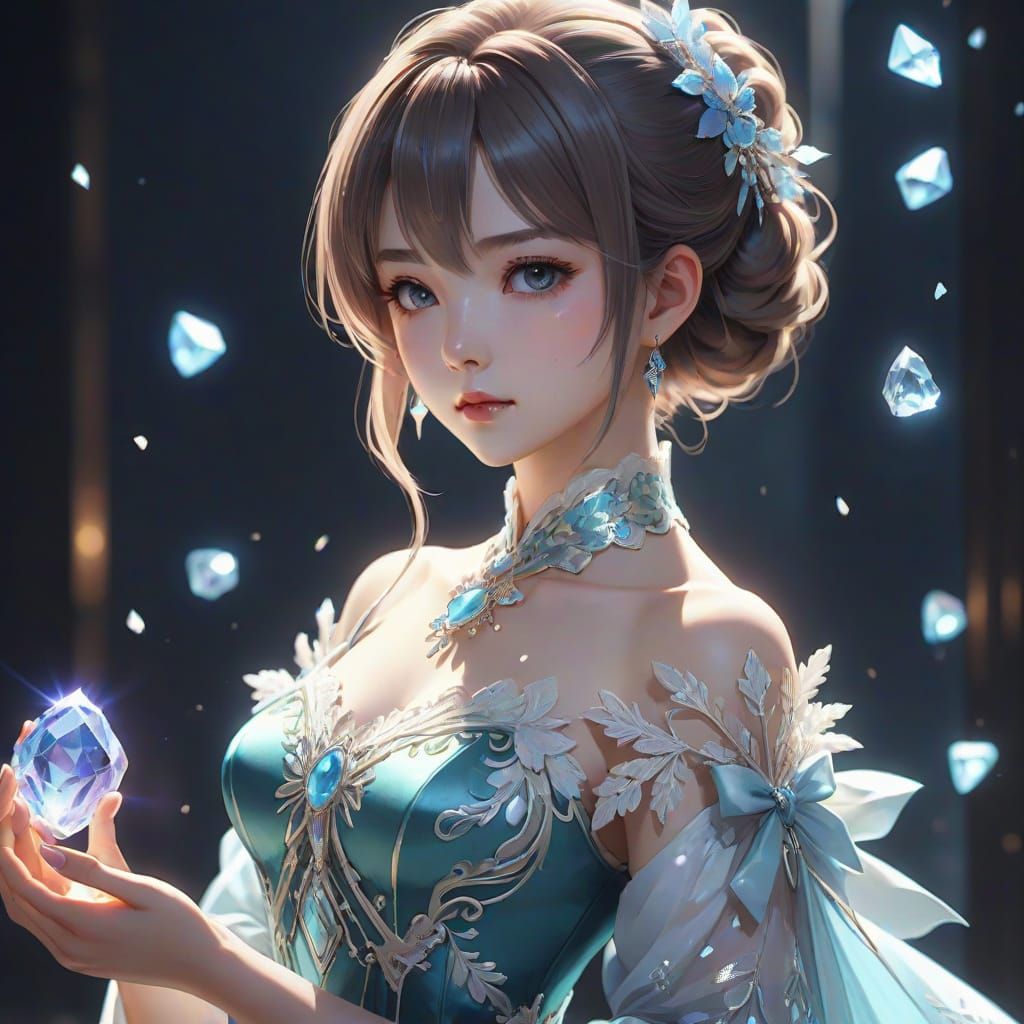 Elegant Anime Goddess Holding Glowing Gemstone