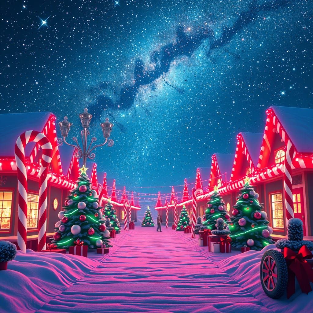 Surreal Christmas Eve Nightscape in Vibrant Candy Cane Color...