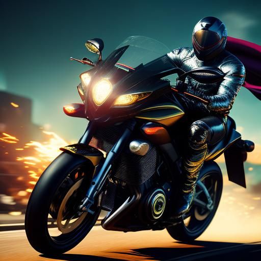 Bold Comic Book Superheroine Rides Motorcycle in Heroic Pose
