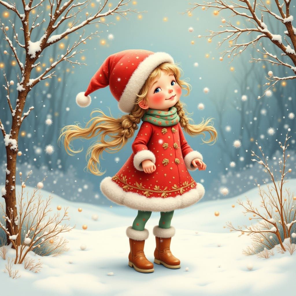 Pastel Christmas Scene: Girl Blowing Snowflakes in Garden