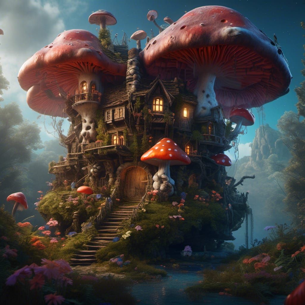 Fairytale Mushroom Home with Fairies in Detailed Painting