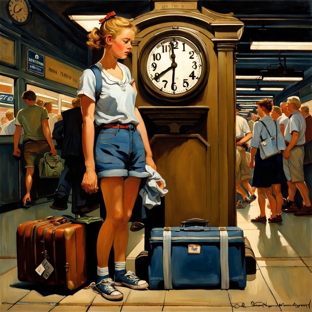 Young Woman at Train Station in Rockwell Style