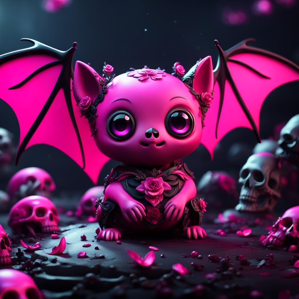 Kawaii Bat on Skulls in Detailed Matte Painting