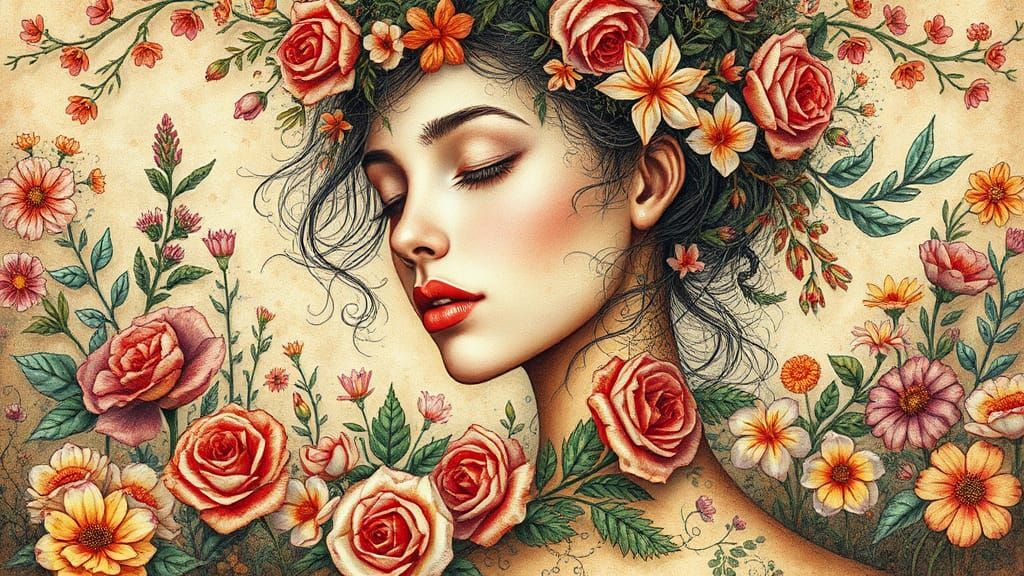 Floral Woman Portrait in a Neo-Impressionist Style