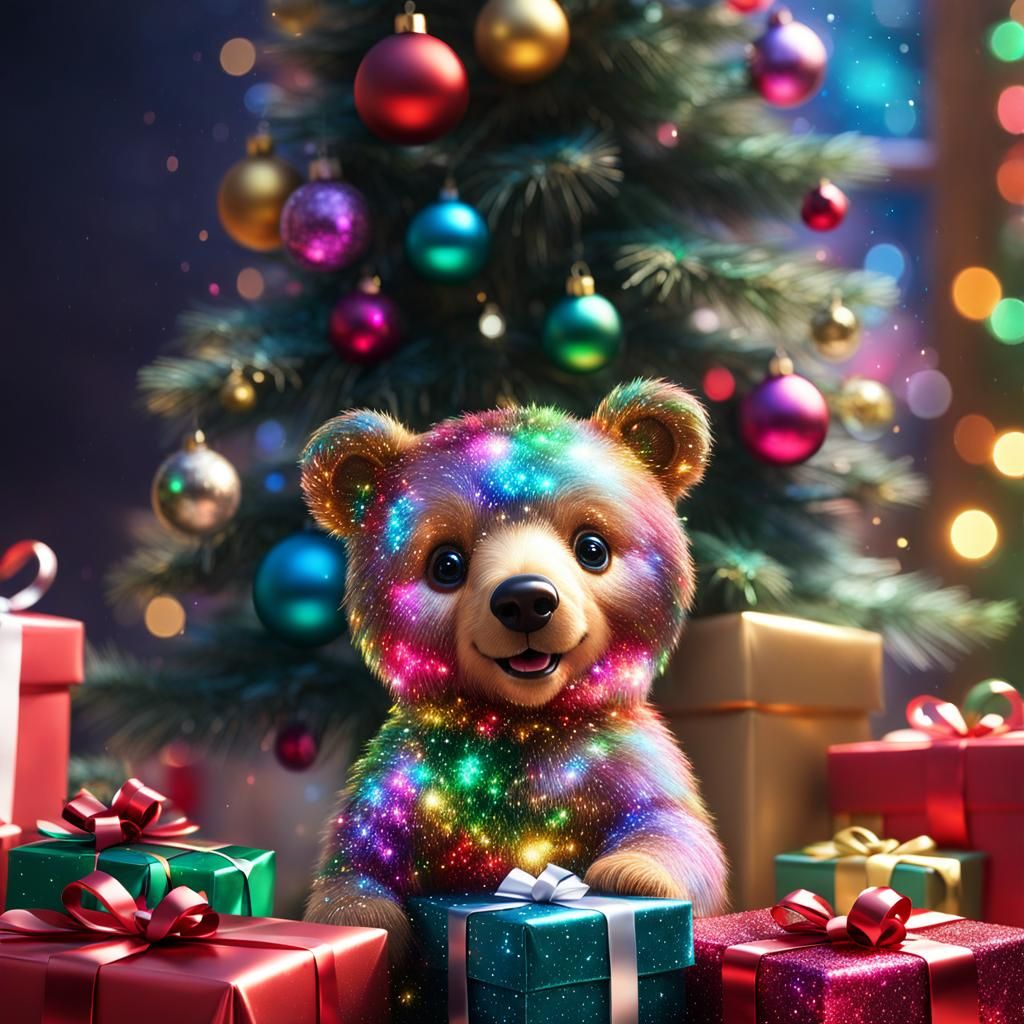 Smiling Bear with Glittering Christmas Tree